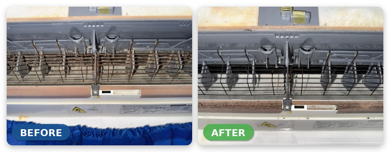 Split system air conditioner before and after professional cleaning in Townsville - rusty, dusty louvres on the left and clean louvres on the right