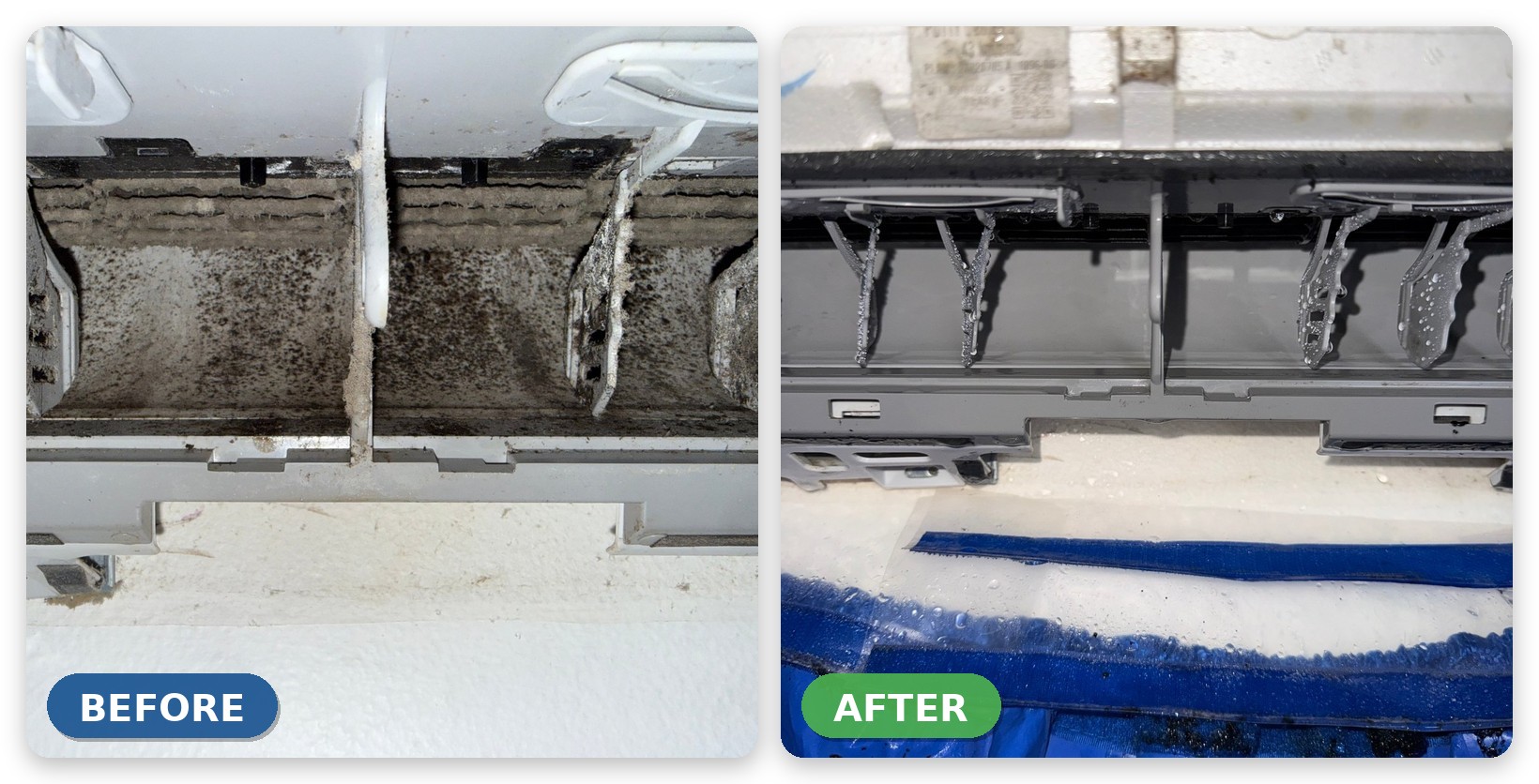 Mouldy air conditioner vents before cleaning and clean vents after cleaning in Townsville