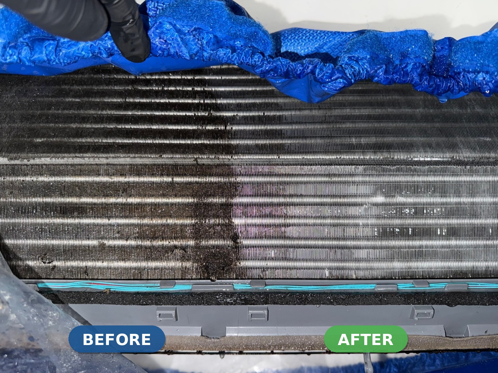 Air conditioner evaporator coil half cleaned - dirty before on the left, clean after on the right