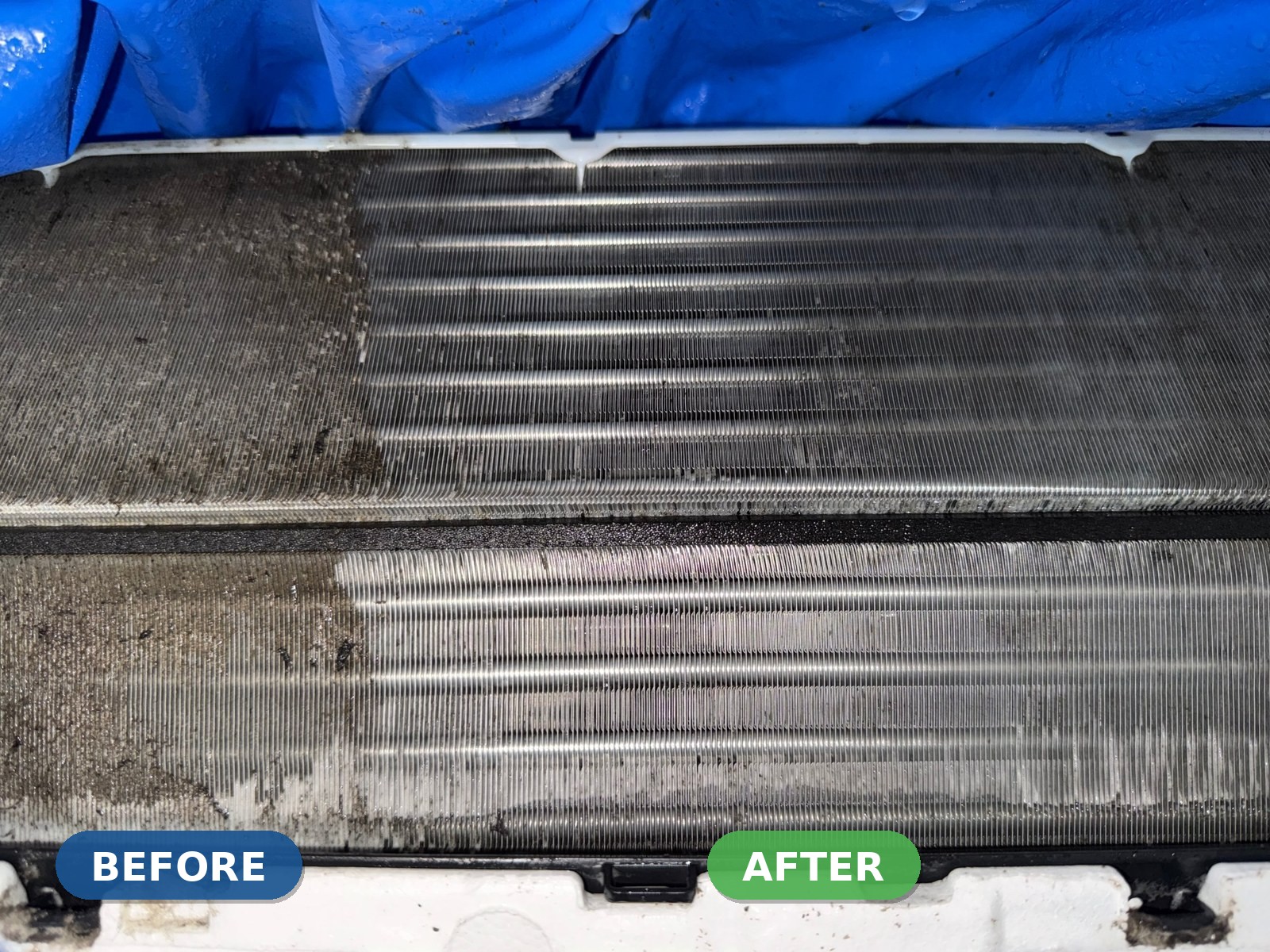 Evaporator coil before and after cleaning by Townsville Air Con Cleaning